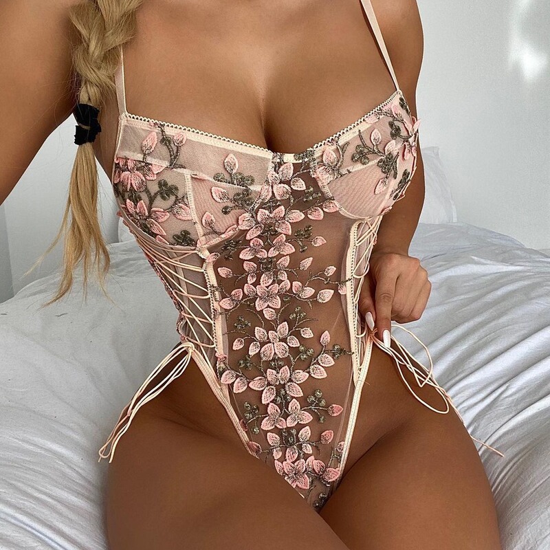 European and American Cross-Border Sexy Lingerie Lace Flower Embroidery Straps Sexy See-Through Temptation Jumpsuit Ready for Women