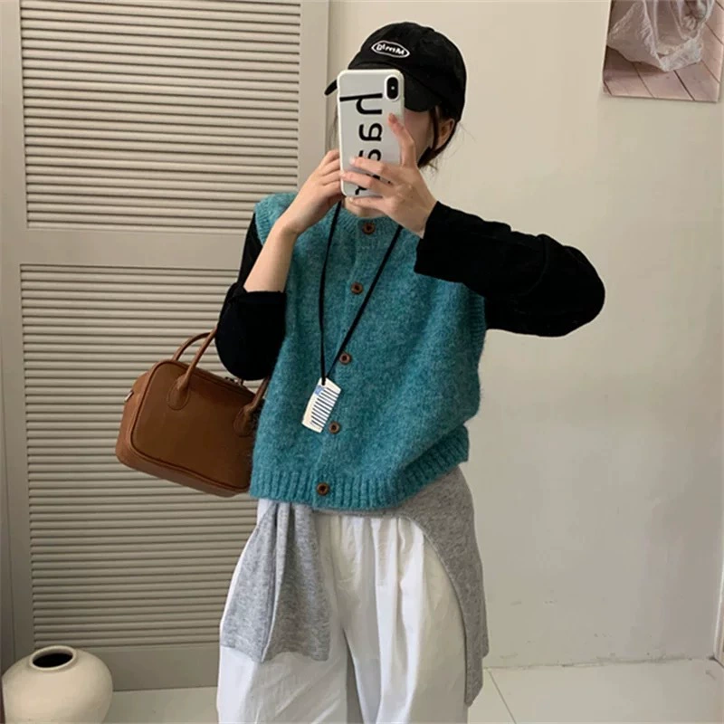 Корейский ретро-жилет с круглым вырезом для женщин на осень и зиму, многослойный, безрукавный, однобортный, в стиле свитера-жилета.