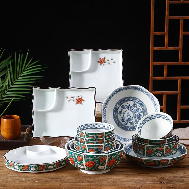 Green Peony Japanese-Style Ceramic Ramen Bowl, Salad Bowl, Vintage Palace-Style Painted Octagonal Lotus Bowl, Soup Bowl