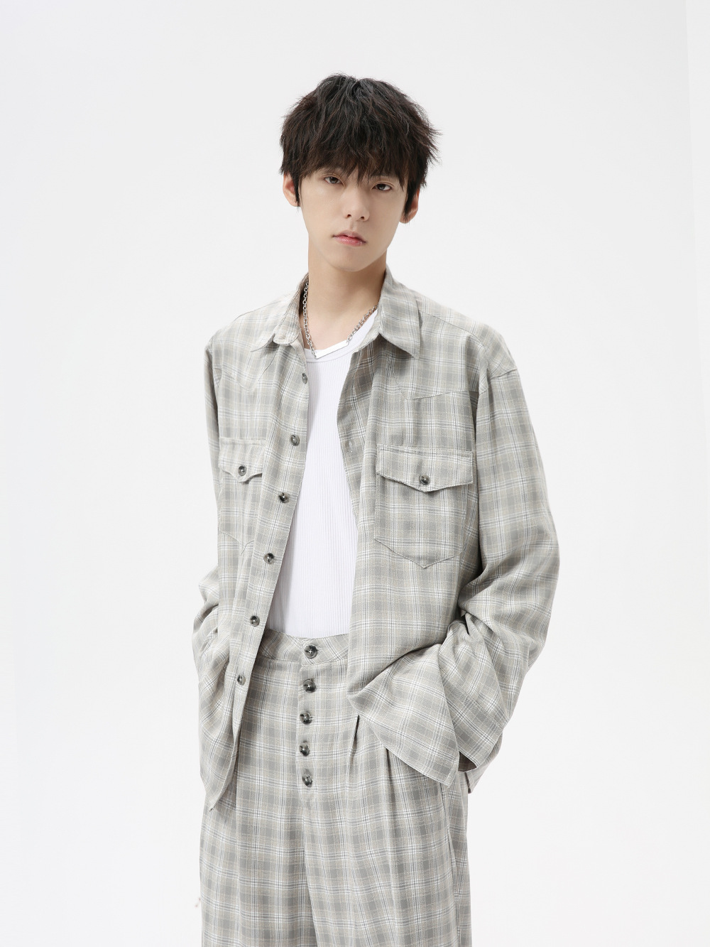 MTLCLOTHES Hombres| 2024 otoño nuevos productos coreanos retro cuello a cuadrícula camisa pantalones largos set casual