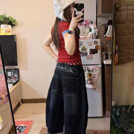 大码美式复古字母刺绣弯刀牛仔七分裤男女高街宽松显瘦阔腿中裤潮