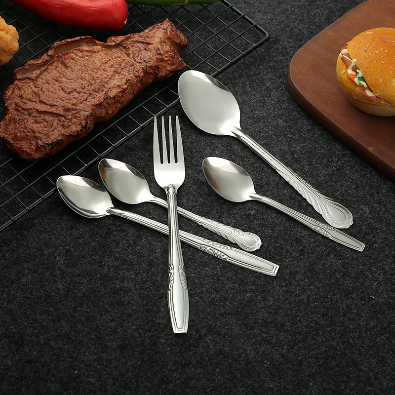 Cuchara y Tenedor de Mesa de Acero Inoxidable con Mango Largo para Hogar y Comedor
