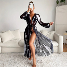 新款欧美风沙滩开衫彩色印花长袍海边度假外搭比基尼防晒衫连衣裙