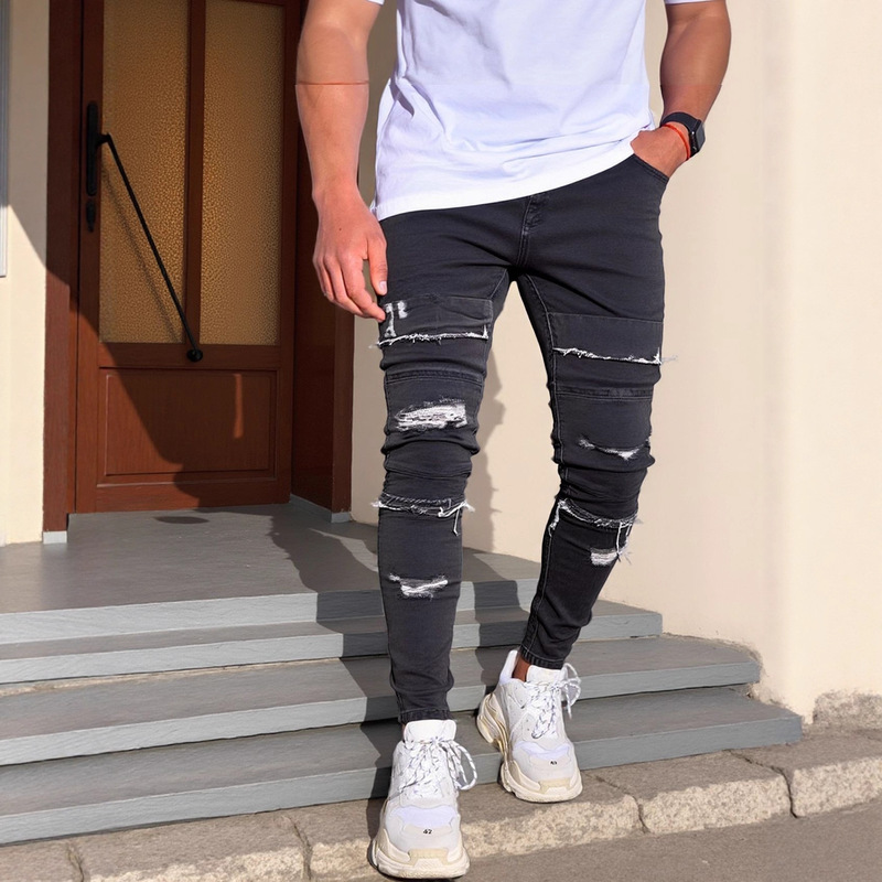 European and American Foreign Trade New Style Ripped and Patched Men's Jeans Amazon Slim Fit Stretch Denim Stacked Skinny Pants for Men