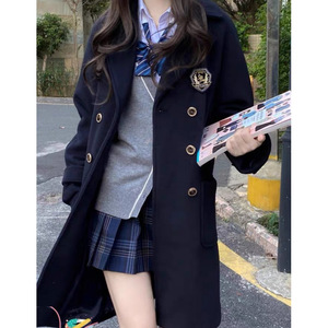 加棉加厚小个子中长款呢子大衣外套秋冬女双排扣JK制服学院风
