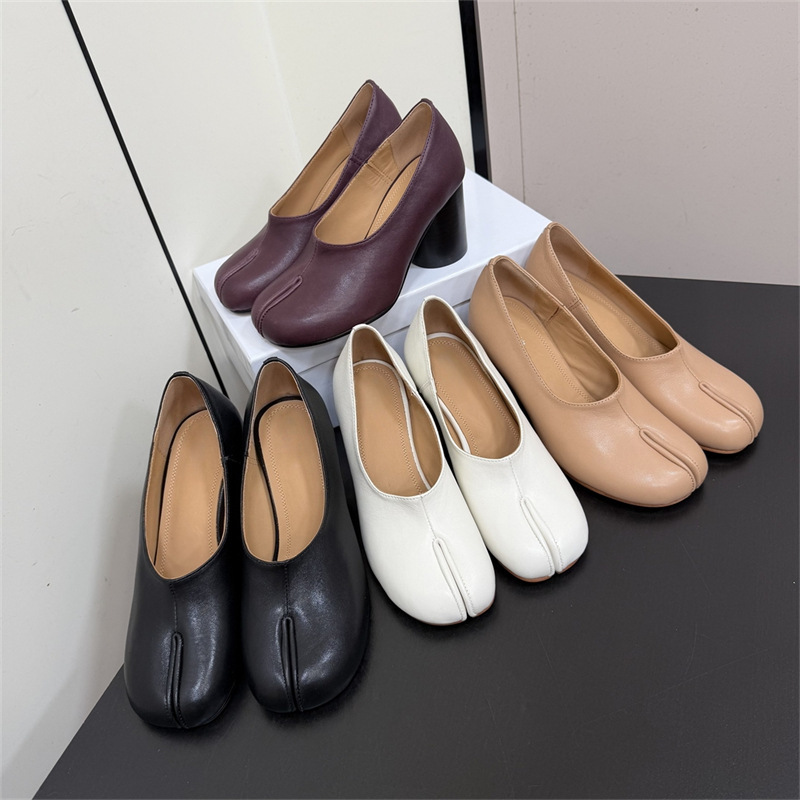 Mm6 Margiela New Style 8cm High Heel Sheepskin Tabi Split-Toe Shoes Women's Chunky Heel Pig's Hoof Shoes