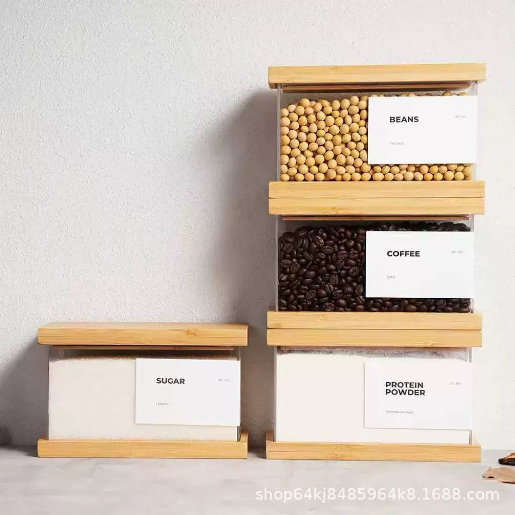 Бамбуковый прозрачный акриловый контейнер для хранения зерна, деревянный кухонный контейнер для распределения зерна, квадратный контейнер для хранения зерна