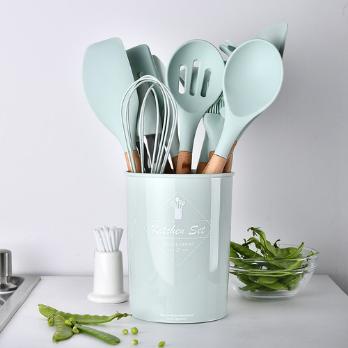 Colorful household wooden handle silicone kitchenware 11-piece set kitchenware kitchenware kitchen set