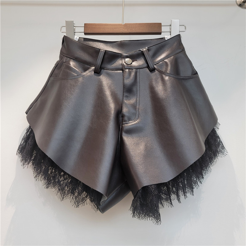 Pantalones Cortos de Cuero PU para Mujer de Talle Alto con Encaje