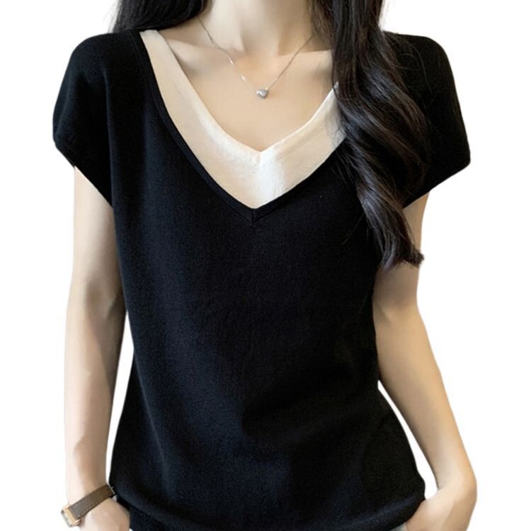 plus size Women's Belly Covering Fake Two-piece Shoulder T-shirt Base Shirt Women's Summer chubby girl Slimming Short-sleeved Top