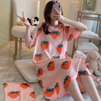Camisón de las mujeres pijamas de verano Mediados de falda estilo princesa coreana fresca dulce suelta manga corta más tamaño vestido de una pieza con bolsa de tela