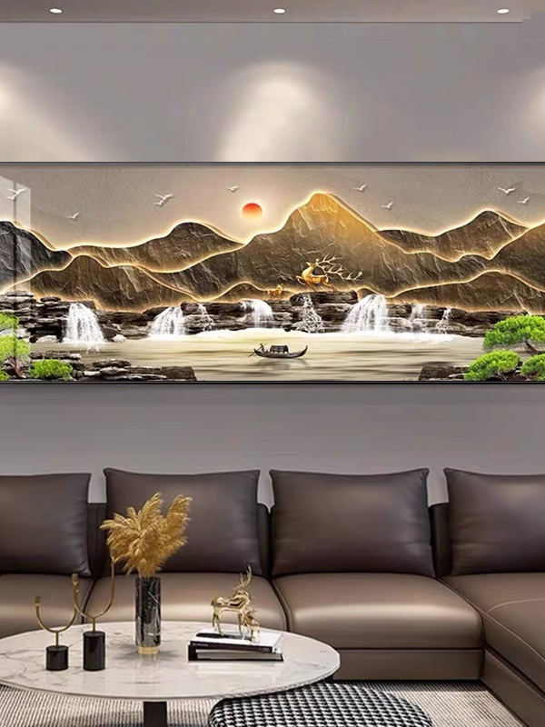 流水生财横版客厅装饰画新中式中堂沙发背景墙挂画山水画茶室壁画