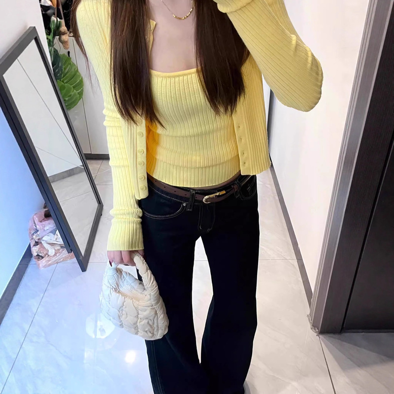 温柔风黄色短款针织开衫小外套女秋季内搭修身吊带背心小众两件套|undefined