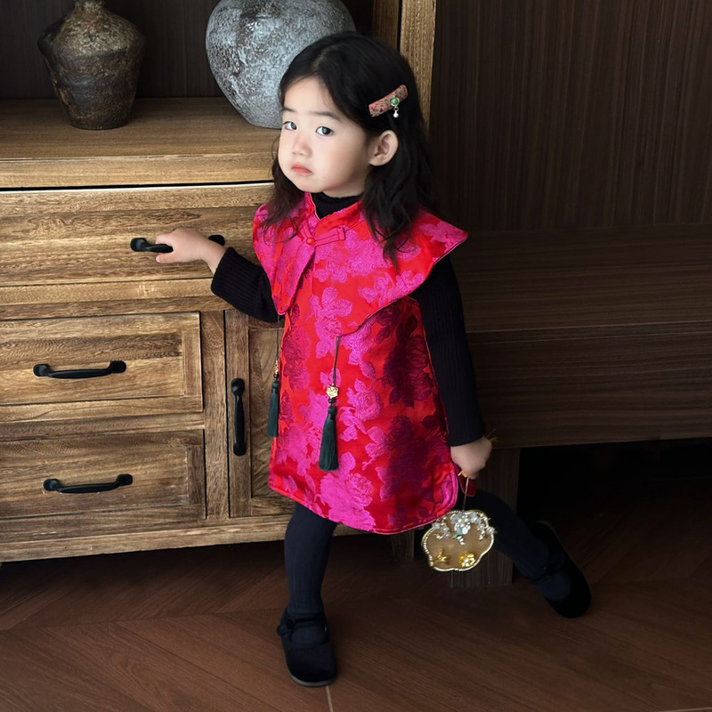 中秋·国庆限定女童汉服旗袍裙秋儿童国风提花连衣裙宝宝立领云肩|undefined