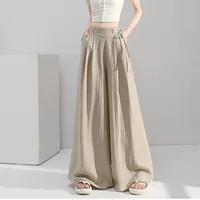 Женские брюки длиной до пола из хлопка и льна Tencel, летние тонкие широкие брюки абрикосового цвета с драпировкой и широкие повседневные брюки с завязкой на талии.