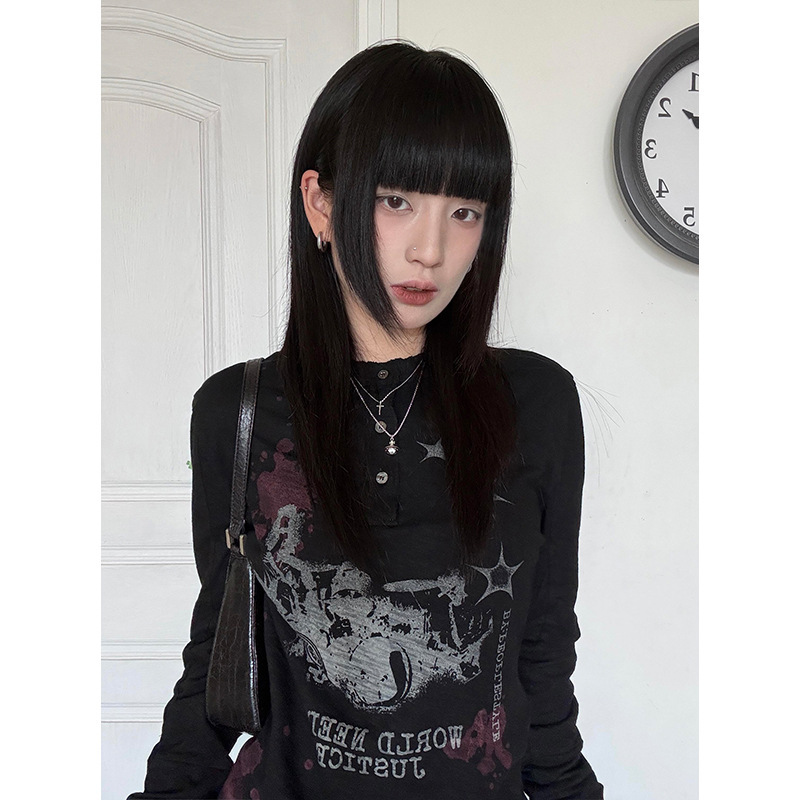 Subculture Black Long-Sleeve Shirt for Men and Women, New Retro Henley Collar Base Layer Shirt, Lightweight Trendy Top Subculture Black Long-Sleeve Shirt for Men and Women, New Retro Henley Collar Base Layer Shirt, Lightweight Trendy Top