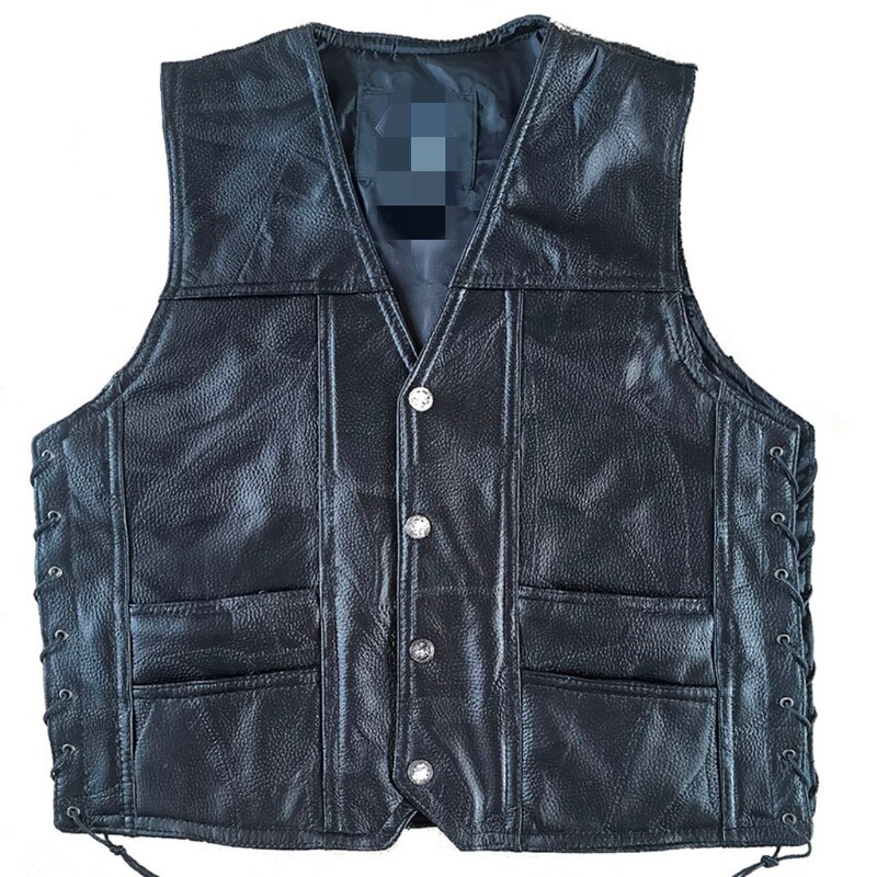 Genuine Leather Motorcycle Riding Vest for Men, Pure Black with Lace-Up Design, Angora Embossed, Casual and Versatile