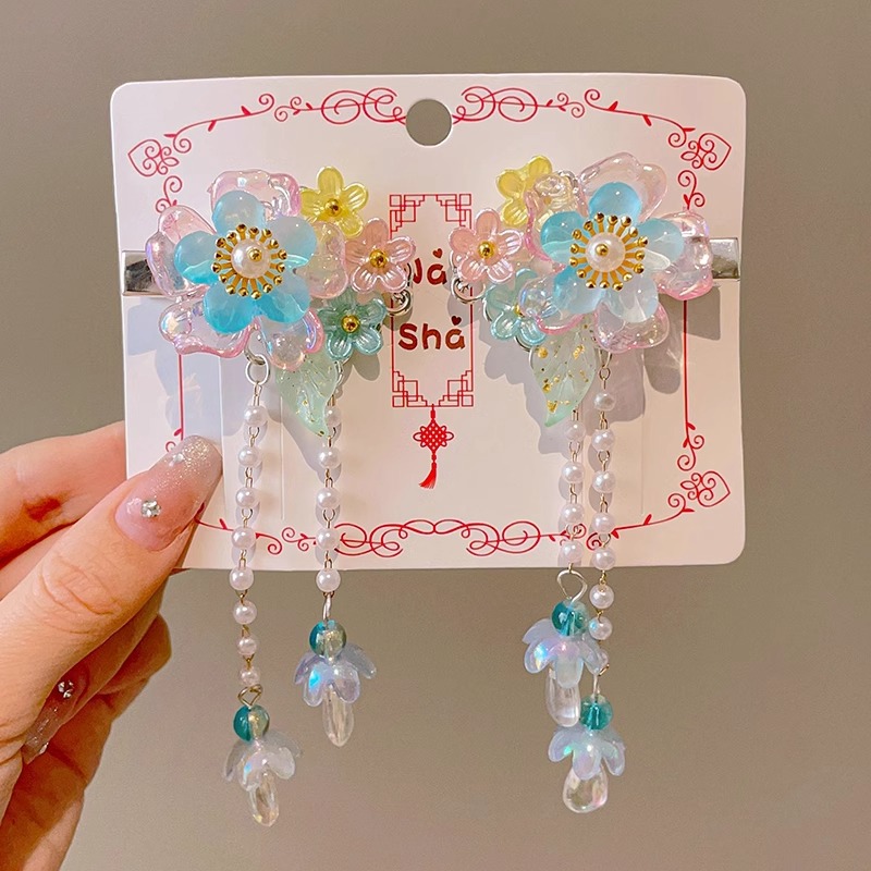 Niños vestidos de estilo antiguo para el cabello Hanfu flores bordas niñas super inmortales tarjeta de cabello tocado de estilo chino arco clip