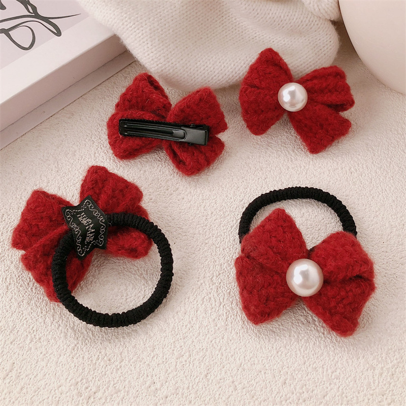 Año Nuevo lana roja arco anillo de cabello de cola de caballo alta cuerda de cabello duradera cuerda de cabeza roja festiva banda de goma clipes de cabello adornamiento