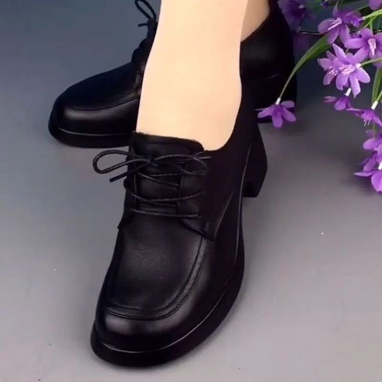 百搭新款粗跟单鞋女2025秋季时尚软皮妈妈系带圆头软底乐福皮鞋女|undefined