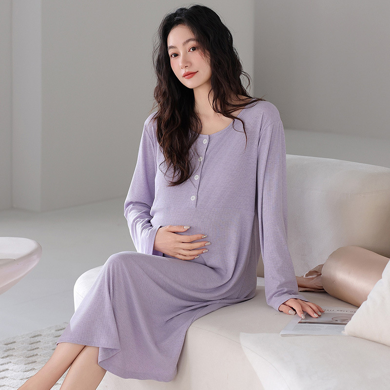 Modal Maternity Nightgown for Women Spring and Summer Long-Sleeved Light and Breathable Maternity Dress with Breast Pad Nursing Confinement Clothing