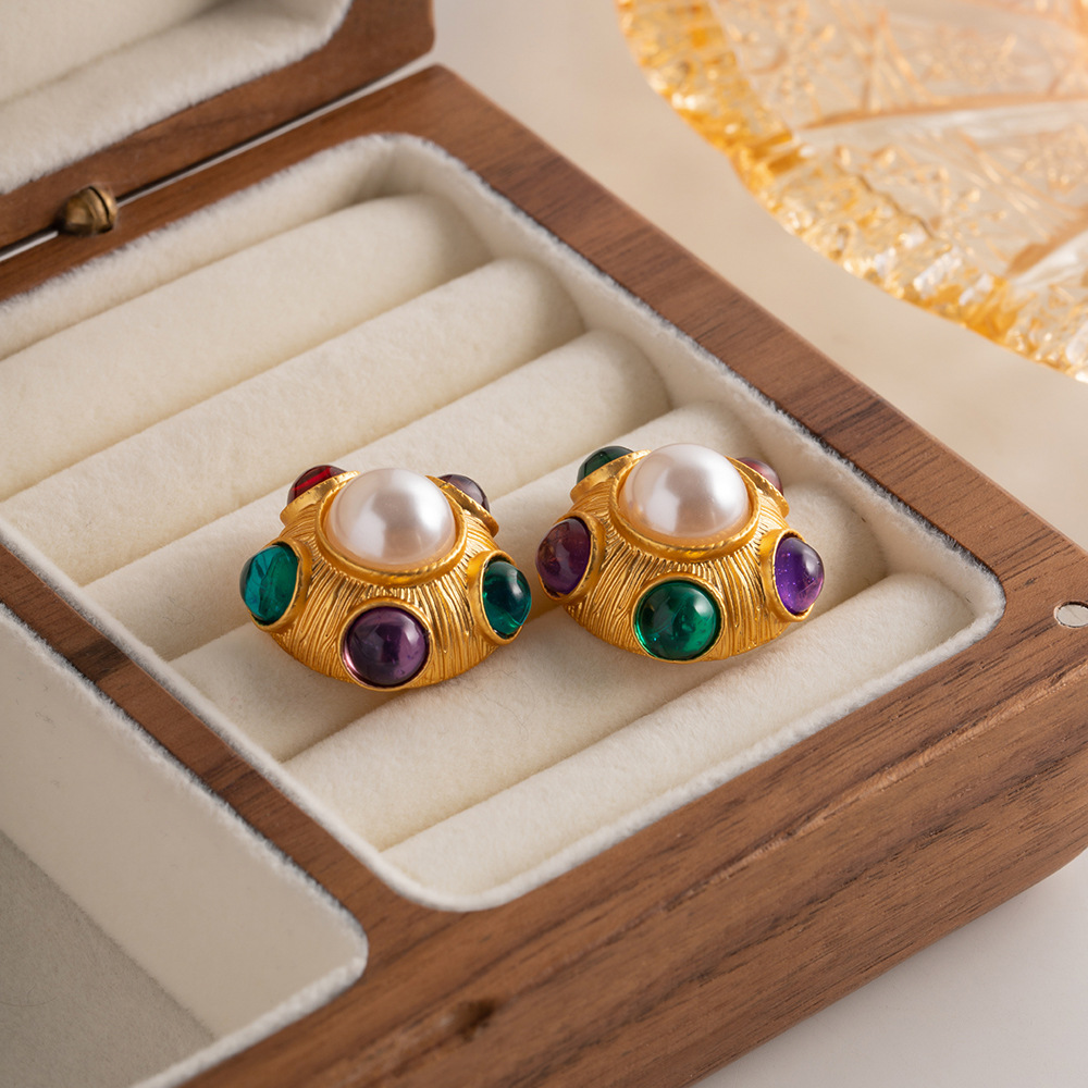 Vintage Style Geometric Copper Inlay Artificial Pearls Ear Studs 1 Pair