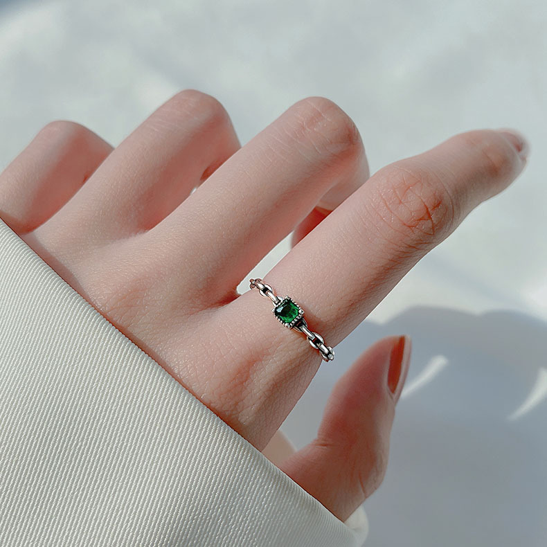 s925 Sterling Silver Square Diamond Chain Ring Women's Fashion Zircon Ring Korean Style Design Sense Food Finger Ring Adjustable