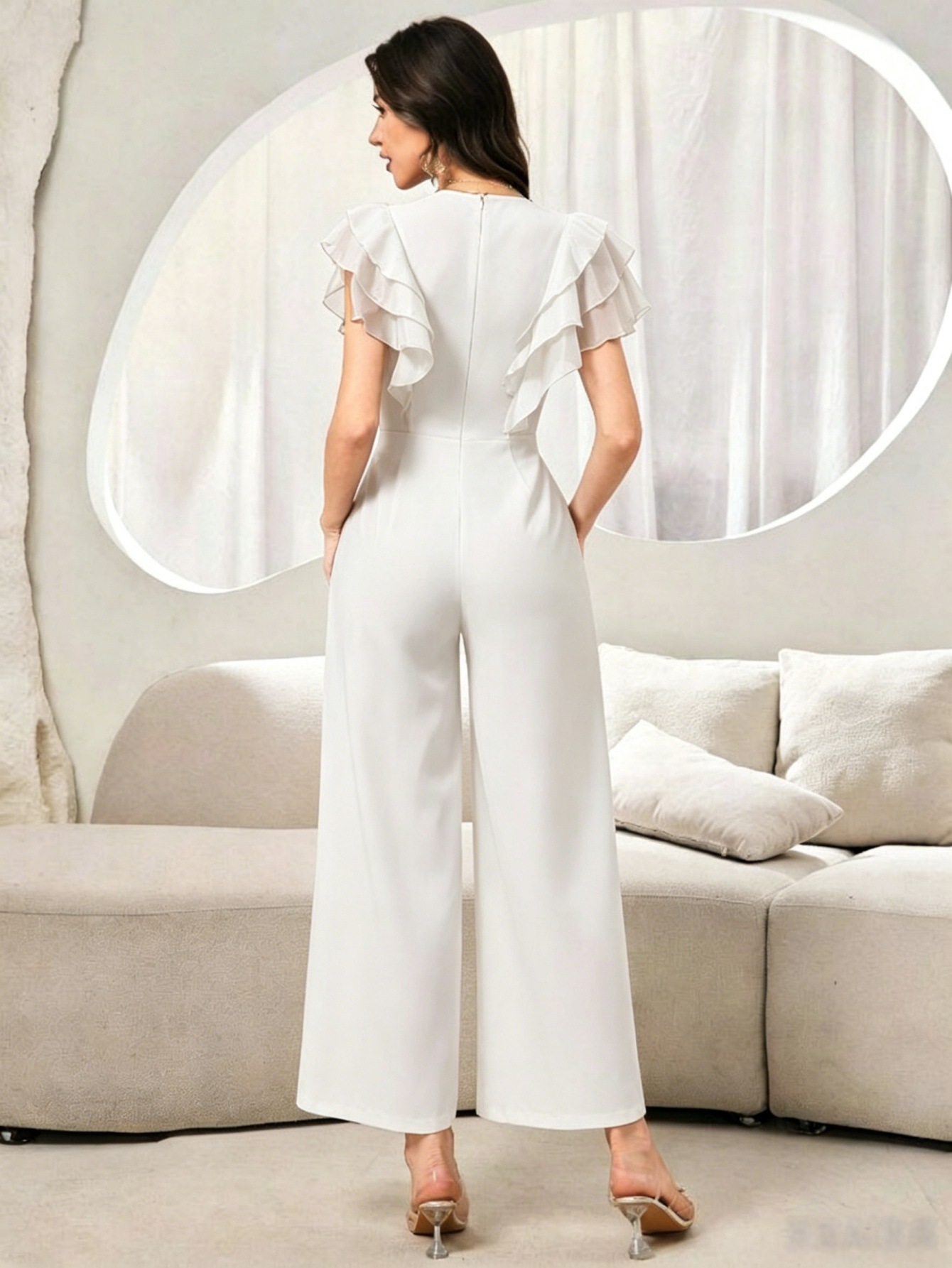 Amazon explosión blanco de lótus jantines temperamento V-cuello cintura pantalones de piernas largas ropa de mujer transfronteriza al por mayor image 3