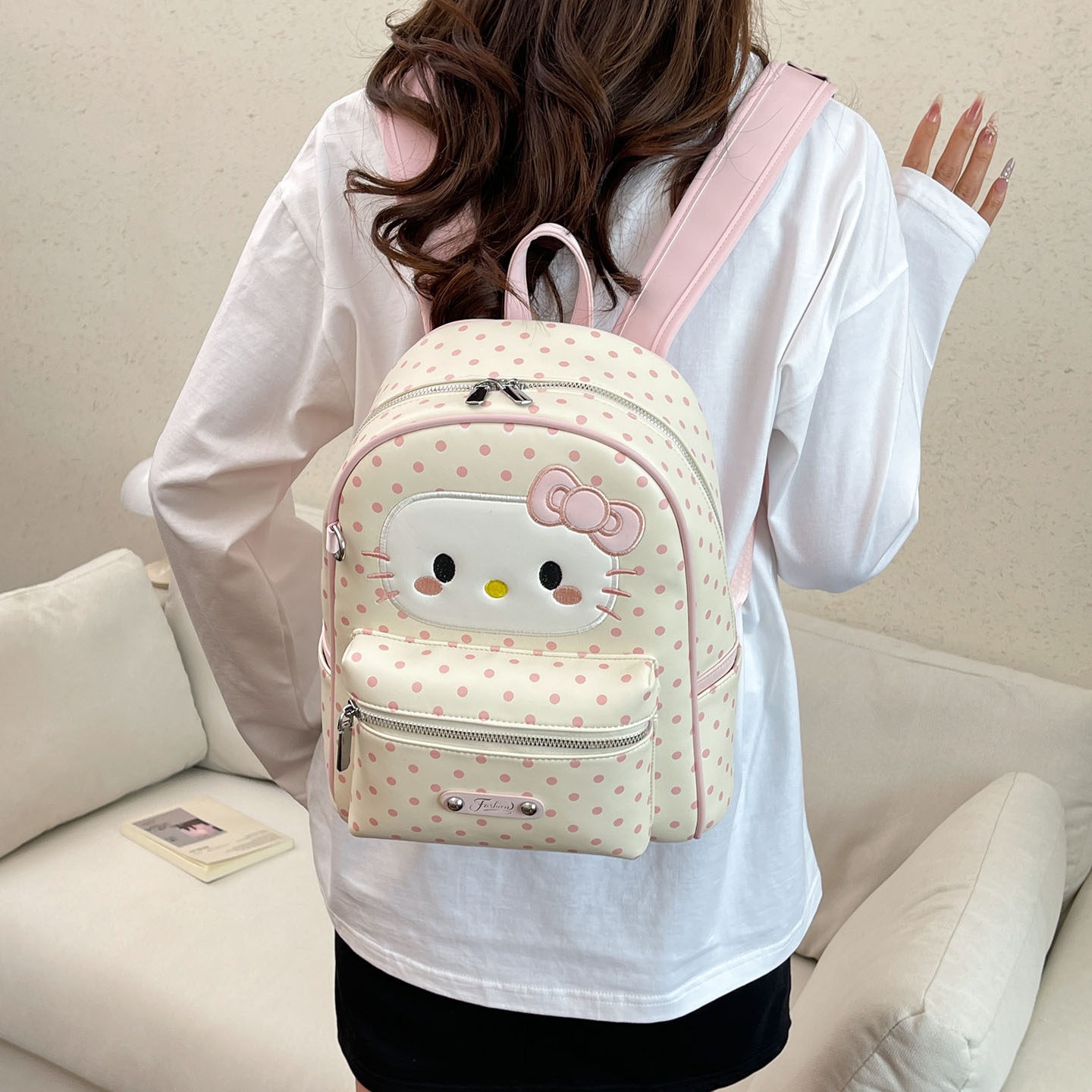 Mochila de hombro, mochila escolar, mochila de viaje de dibujos animados, gran capacidad, nueva versión coreana de 2026 lindo gato, punto de onda