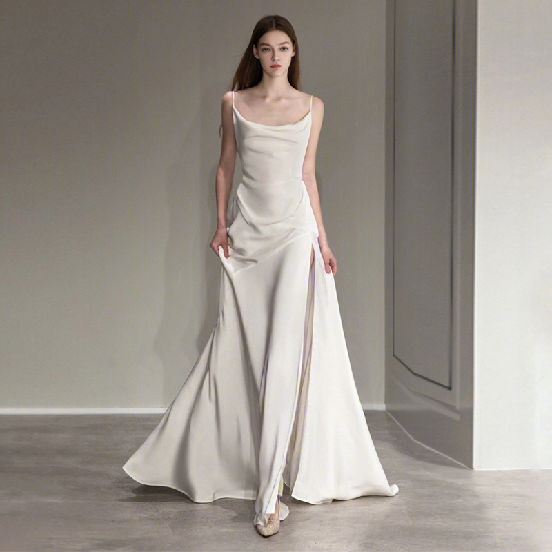 Vestido de Novia Ligero con Tirantes Espagueti Estilo Francés 2025, Nuevo, Sencillo, de Satén, para Recepción, Elegante, Estilizador, Sexy, para Eventos Sociales