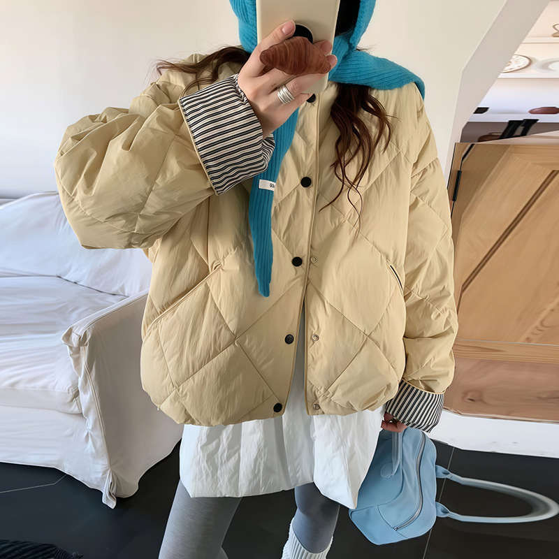 Korean Sweet Petite Plaid Patchwork Sleeve down Jacket for Women, Short Style, 2025 Winter Fashion, Warm White Duck down Coat