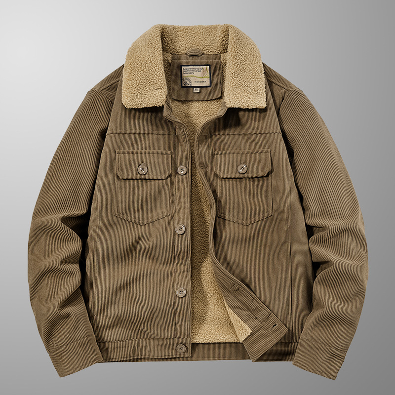 跨境新款羊羔绒外套男士加绒加厚棉衣休闲工装棉服复古灯芯绒夹克