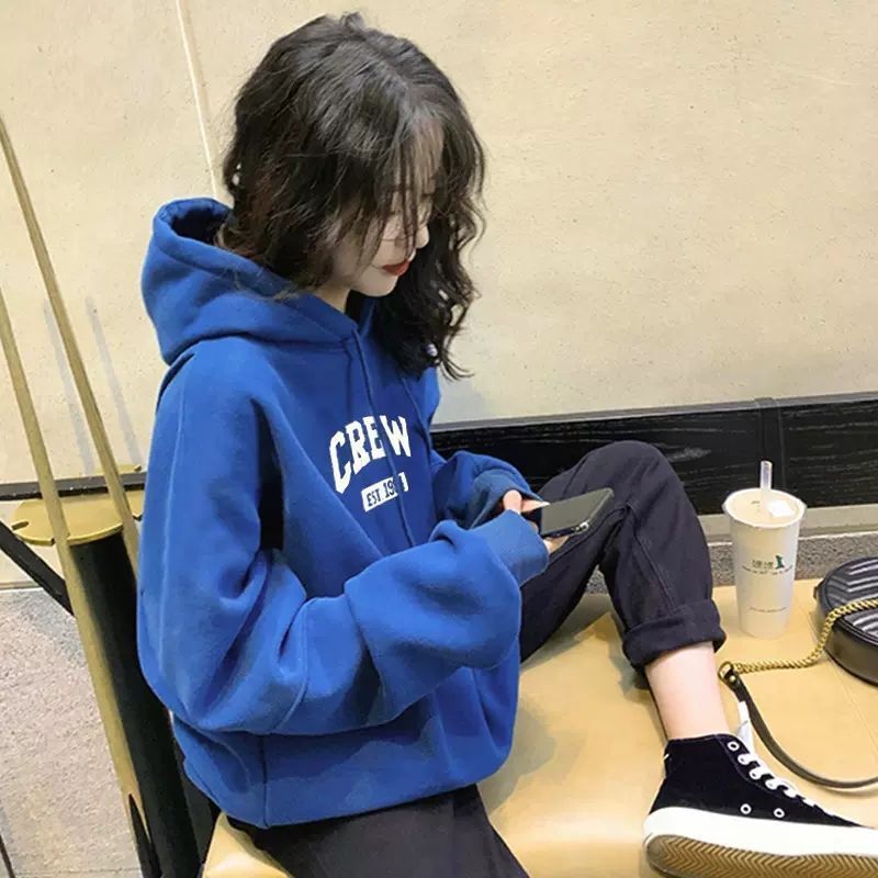 Klein Blue Hooded Sweatshirt for Women, Autumn and Winter New Korean Version, Loose Niche Fleece Thickened Top Versatile Jacket Trendy