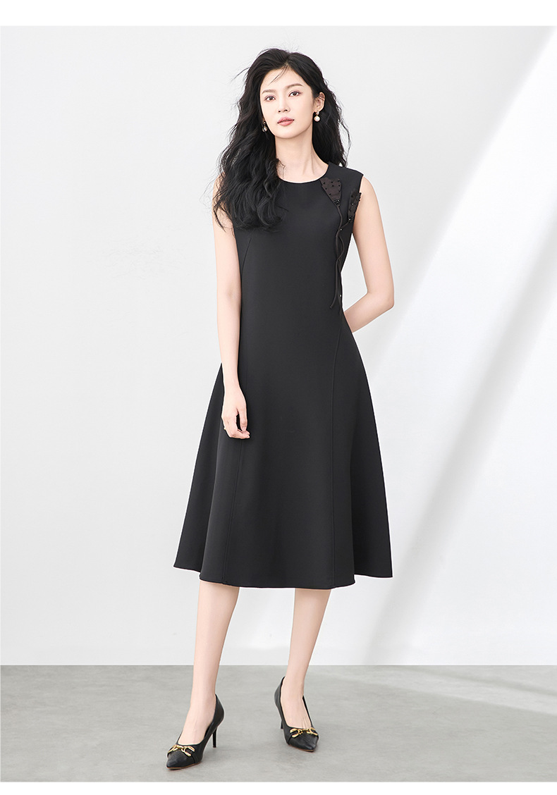 Váy vest không tay chiết eo hoa đính cườm nổi 3D phong cách trưởng thành nhẹ nhàng — Màu đen chi tiết 13