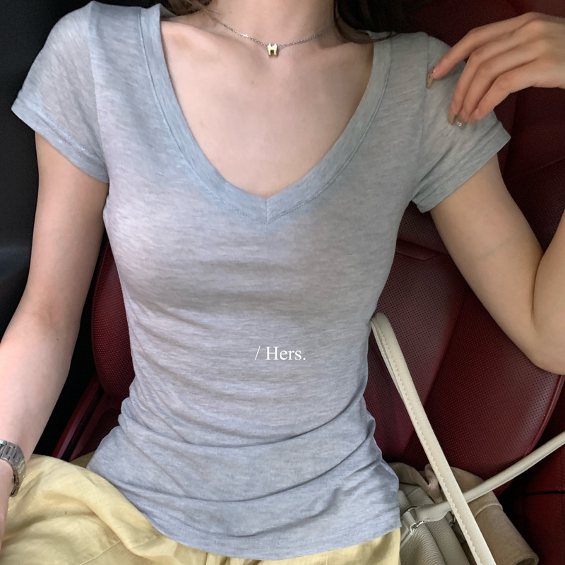 Hers a Spoonful of Sweetness: Minimalist Morandi Color Series T-Shirt with V-Neck and Tapered Waist for Daily Commuting Outfits, Short Sleeve for Women Hers a Spoonful of Sweetness: Minimalist Morandi Color Series T-Shirt with V-Neck and Tapered Waist for Daily Commuting Outfits, Short Sleeve for Women