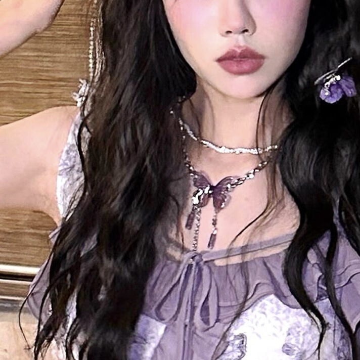 超纯欲紫色蝴蝶流苏项链气质甜美高级水晶颈链个性设计感锁骨链|undefined