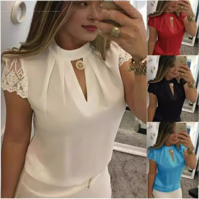 女装衬衫高领深V后背拉链上衣雪纺蕾丝花边袖拼接立领衬衣