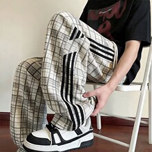 跨境秋季扎染脏脏裤男潮牌美式条纹阔腿裤宽松大码休闲直筒运动裤