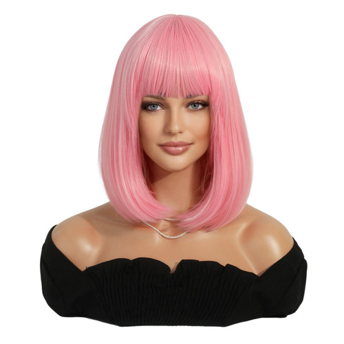 Pink Wig Short Hair 14inch European and American New Style Human Hair Wig with Bangs Wholesale