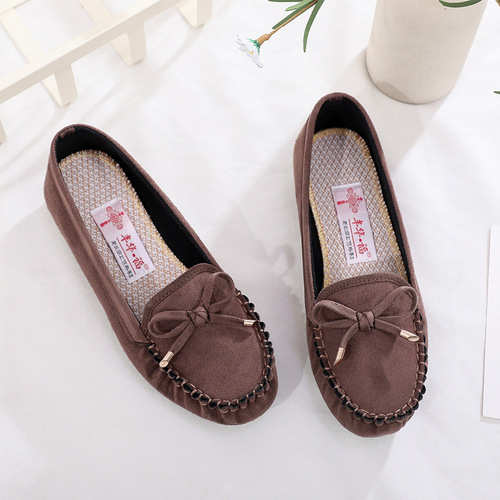 Polyurethane bottom old Beijing style women's moccasin shoes, versatile flat shoes with bow tie, suede casual Mary Jane single shoes for women