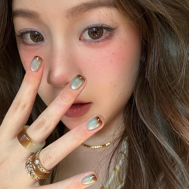 [Lakeside Chestnut] Casual French Cat Eye Purely Handmade Wearable Nails Short Style Beautiful Nail Art Patch Fake Nail Patch