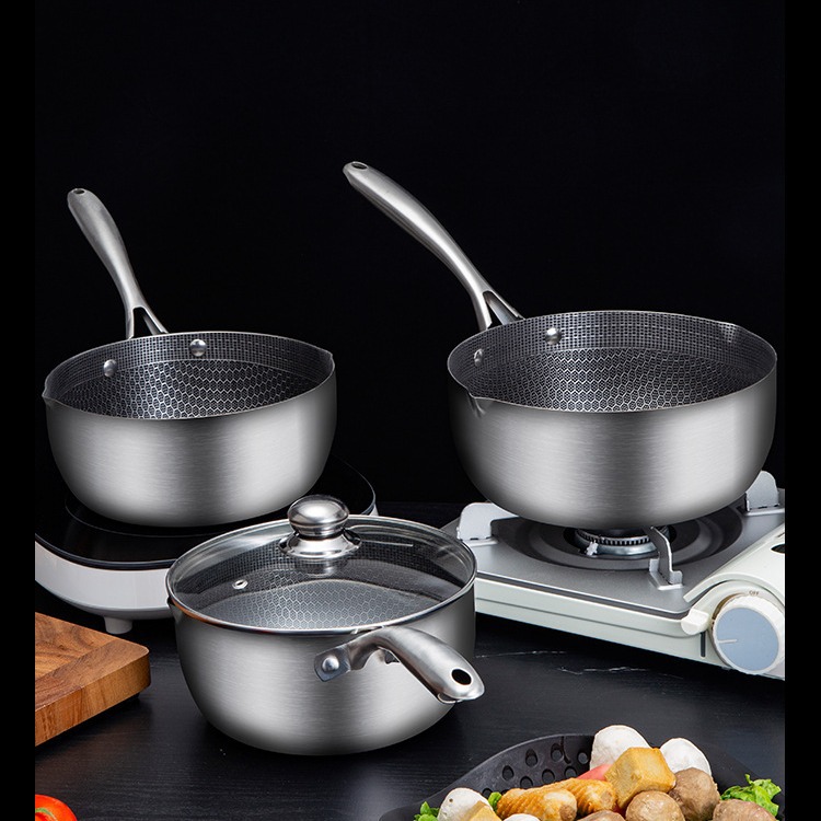 Manufacturer Wholesale Stainless Steel Snow Flats Pot Household Small Milk Pot Honeycomb Non-Stick Pot Food Supplement Pot Flats Bottom with Lid Universal