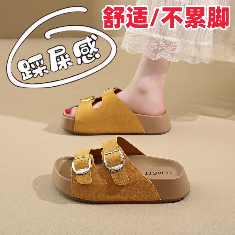 여성을위한 크로스 보더 두꺼운 밑창 Birkenstock 신발 하프 슬리퍼 2025 여름 아우터 샌들 게으른 슬립 온 원 라인 비치 슬리퍼