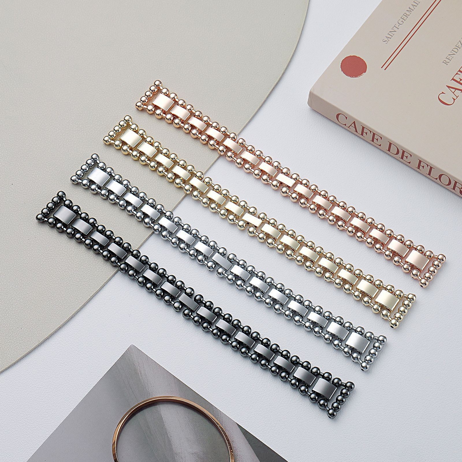 New Round Bead Three-Bead Watch Strap Suitable for Apple S11 Metal Watch Strap Iwatchs10 Women's Watch Wrist Strap