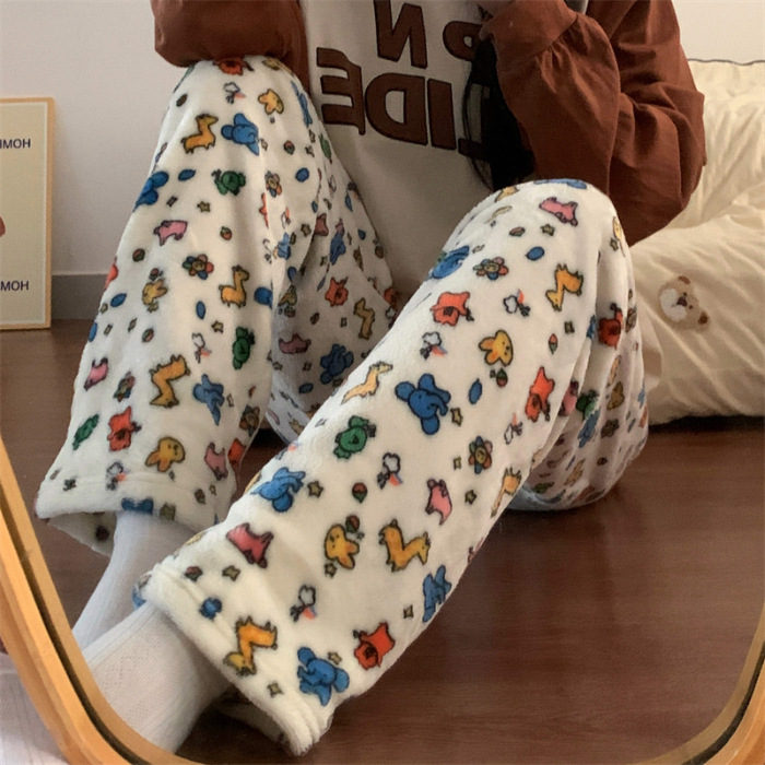 2025 otoño y invierno de flanela de dibujos animados pantalones de pijama individuales gruesos calentados pantalones caseros lindos pantalones