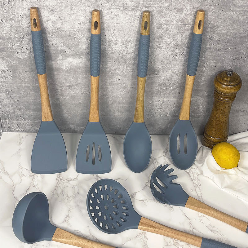 Juego de 7 piezas de utensilios de cocina con pala de silicona con mango de madera, herramientas de cocina de estilo nórdico, pala antiadherente, stock de fábrica