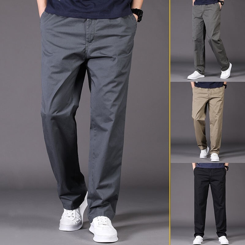 Spring and Autum Thin Casual Pants for Young and Middle-Aged Men, Pure Cotton Straight Long Pants, Large Size Loose Wide-Leg Overalls