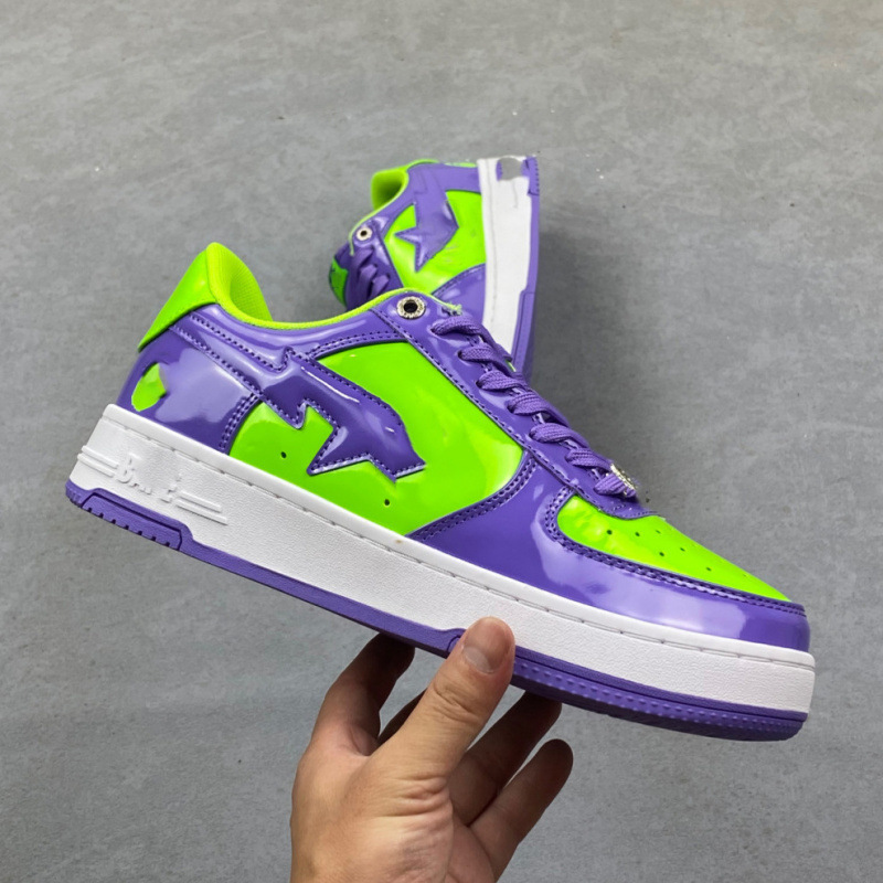 Original Bape Air Force Sneakers with Patent Leather Color-Blocking, Street-Style Cool Skateboard Shoes, Bape X Ape Head Collaboration, Unisex Casual Shoes