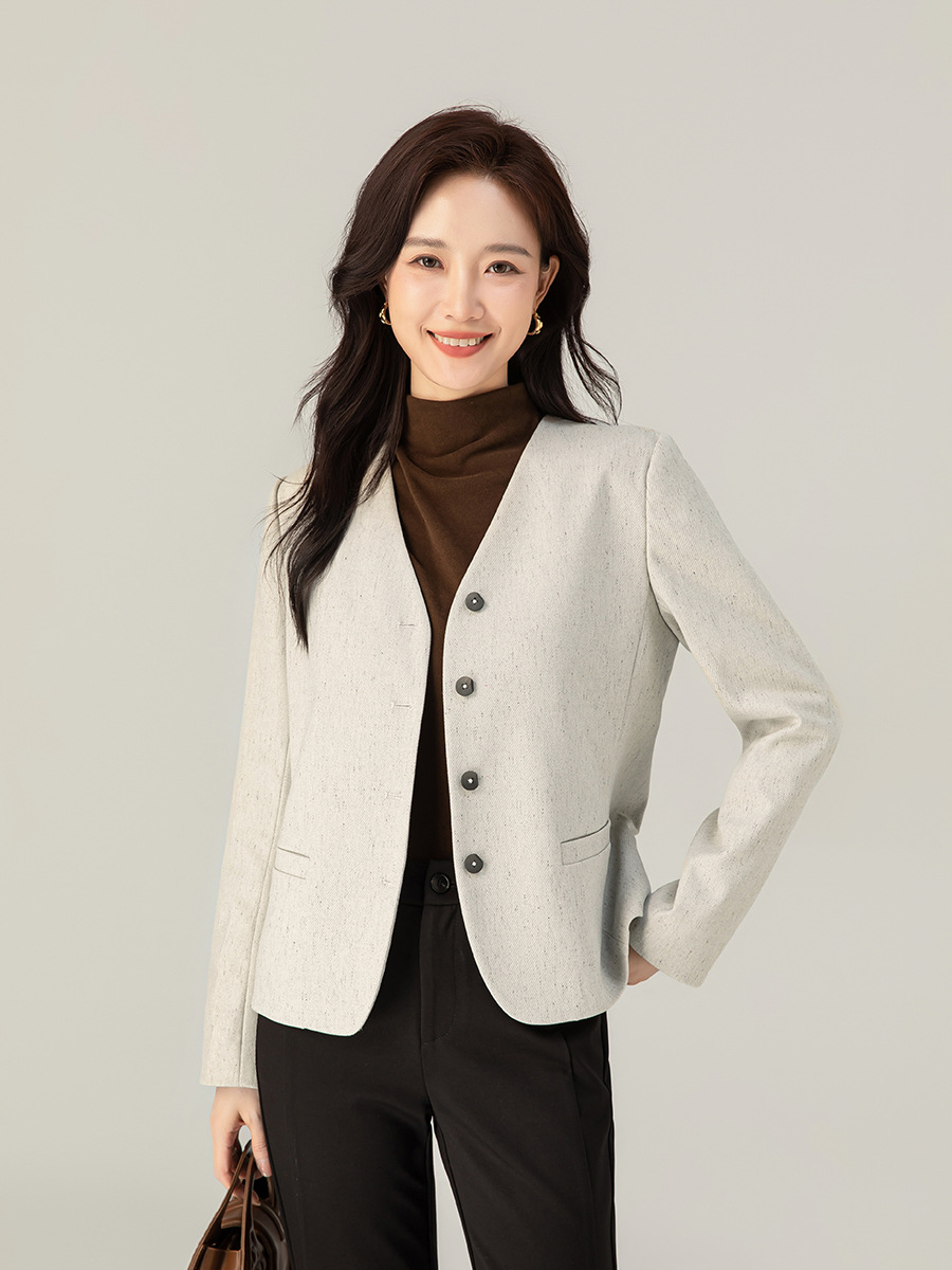 Áo blazer ngắn cổ V dáng nhỏ nhắn tay dài — Màu xám be