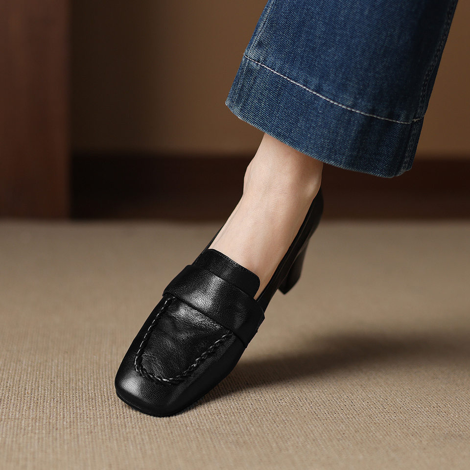 Giày cao gót nữ mũi nhọn da dê 5cm — màu nâu